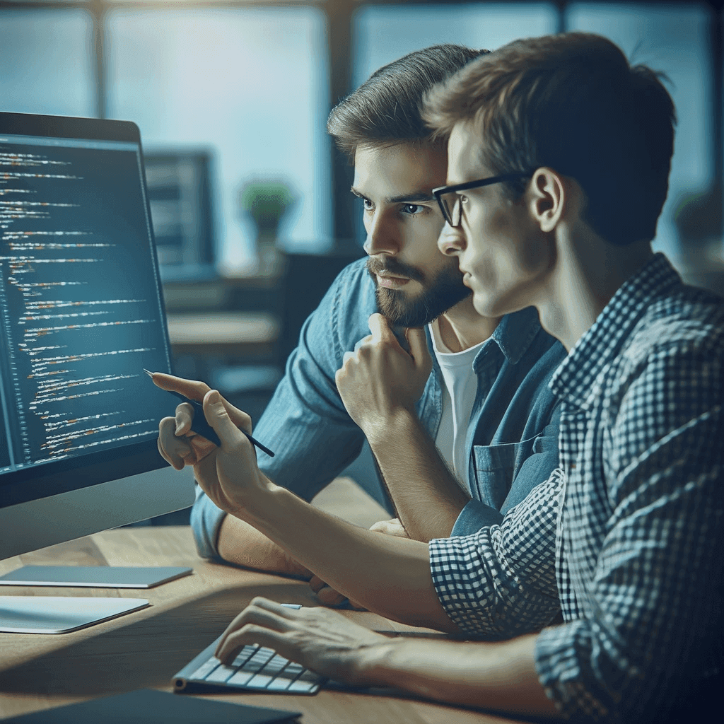 Two developers engaged in a code review session with a focus on collaboration and discussion.png